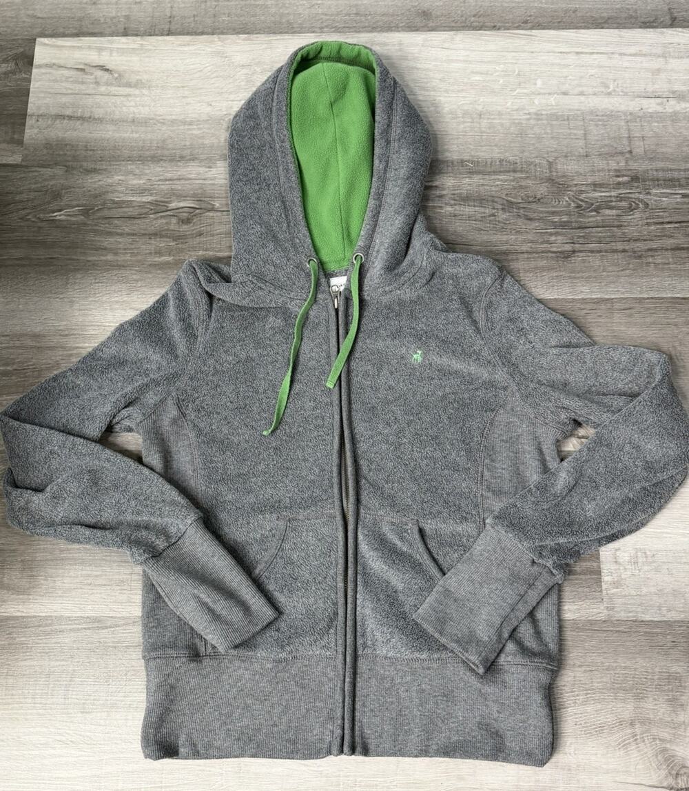 Old Navy Y2K Womens Medium Gray Fleece Full Zip Hoodie Green Logo Drawstring
